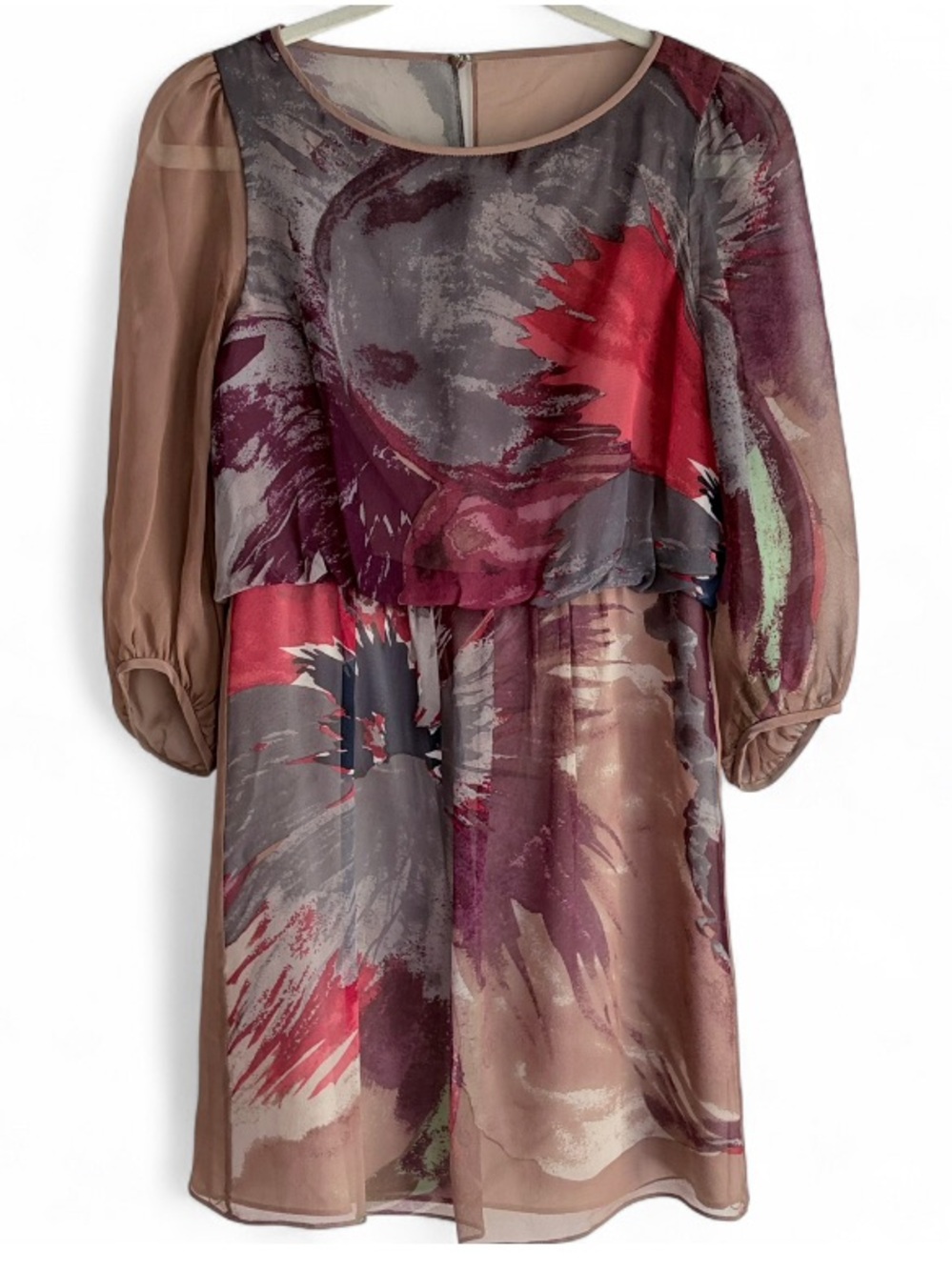 Tibi 100% Silk Brown Floral 3/4 Sleeve Mini Dress Size 2